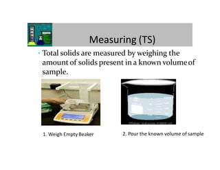 Measuring (TS)
▪ Total solids are measured by weighing the
amount of solids present in a known volumeof
sample.
1. Weigh Empty Beaker 2. Pour the known volume of sample
 