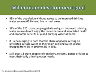 • 83% of the population without access to an improved drinking
water source (63.6 crore) live in rural areas.
• 38% of the 620 crore people globally using an improved drinking
water source do not enjoy the convenience and associated health
and economic benefits of piped drinking water at home.
• It is encouraging to note that the share of people relying on
untreated surface water as their main drinking water source
dropped from 6% in 1990 to 3% in 2011.
• Still, over 18 crore people rely on rivers, streams, ponds or lakes to
meet their daily drinking water needs.
 