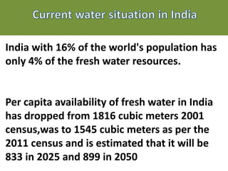 India with 16% of the world's population has
only 4% of the fresh water resources.
Per capita availability of fresh water in India
has dropped from 1816 cubic meters 2001
census,was to 1545 cubic meters as per the
2011 census and is estimated that it will be
833 in 2025 and 899 in 2050
 