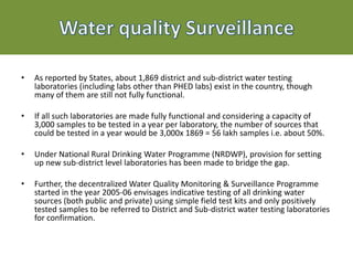 • As reported by States, about 1,869 district and sub-district water testing
laboratories (including labs other than PHED labs) exist in the country, though
many of them are still not fully functional.
• If all such laboratories are made fully functional and considering a capacity of
3,000 samples to be tested in a year per laboratory, the number of sources that
could be tested in a year would be 3,000x 1869 = 56 lakh samples i.e. about 50%.
• Under National Rural Drinking Water Programme (NRDWP), provision for setting
up new sub-district level laboratories has been made to bridge the gap.
• Further, the decentralized Water Quality Monitoring & Surveillance Programme
started in the year 2005-06 envisages indicative testing of all drinking water
sources (both public and private) using simple field test kits and only positively
tested samples to be referred to District and Sub-district water testing laboratories
for confirmation.
 