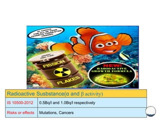 Radioactive Susbstance(α and β activity)
IS 10500-2012 0.5Bq/l and 1.0Bq/l respectively
Risks or effects Mutations, Cancers
 