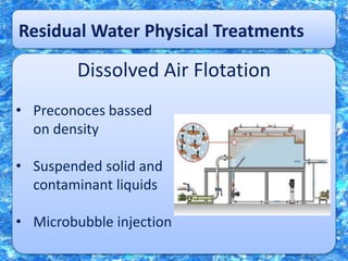 Residual Water Physical Treatments
Dissolved Air Flotation
• Preconoces bassed
on density
• Suspended solid and
contaminant liquids
• Microbubble injection
 