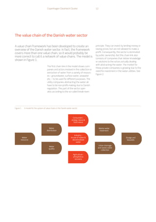 Water
resource
Water
distribution
Water
quality
Consumers -
energy nexus 
food nexus
Industry -
re-use of water 
decentralised
water
Agriculture -
phosphorus
recovery
Waste water
treatment
Sludge and
biosolids
Urban drainage
and waste water
collection
Figure 1.	 A model for the system of value chains in the Danish water sector
Copenhagen Cleantech Cluster 12
The first chain link in the model shows com-
panies and actors involved in the collection or
extraction of water from a variety of resourc-
es – groundwater, surface water, seawater
etc. – to be used for different purposes. The
utility companies abstracting the water all
have to be non-profit-making due to Danish
regulation. This part of the sector oper-
ates according to the so-called break-even
principle. They can invest by lending money or
raising prices, but are not allowed to make a
profit. Consequently, the sector is dominated
by public ownership. But this chain link also
consists of companies that deliver knowledge
or solutions to the actors actually dealing
with abstracting the water. The market for
these private companies is growing due to the
need for investment in the water utilities. See
Figure 2
A value chain framework has been developed to create an
overview of the Danish water sector. In fact, the framework
covers more than one value chain, so it would probably be
more correct to call it a network of value chains. The model is
shown in Figure 1.
The value chain of the Danish water sector
 
