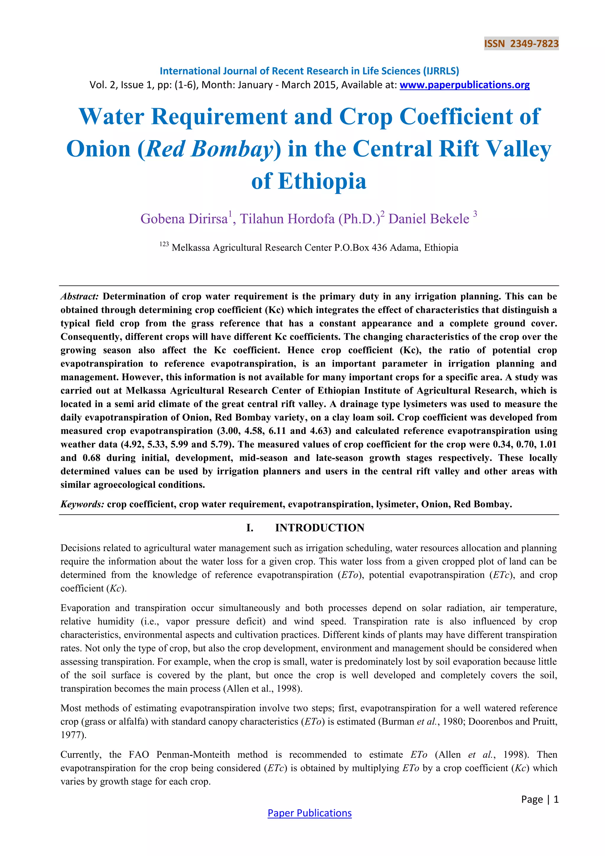 Water Requirement and Crop Coefficient of Onion (Red Bombay) in the