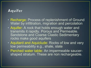 • Recharge: Process of replenishment of Ground
Water by infiltration, migration and percolation
• Aquifer: A rock that holds enough water and
transmits it rapidly. Porous and Permeable.
Sandstone and Coarse Clastic Sedimentary
rocks make good aquifers
• Aquitard and Aquiclude: Rocks of low and very
low permeability e.g., shale, slate
• Perched water table: An impermeable saucer-
shaped stratum. These are non rechargeable.
 