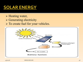  Heating water,
 Generating electricity
 To create fuel for your vehicles.
4/9/2016 IMRAN BASHIR 46
 