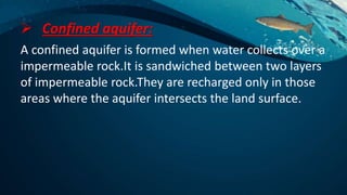  Confined aquifer:
A confined aquifer is formed when water collects over a
impermeable rock.It is sandwiched between two layers
of impermeable rock.They are recharged only in those
areas where the aquifer intersects the land surface.
 