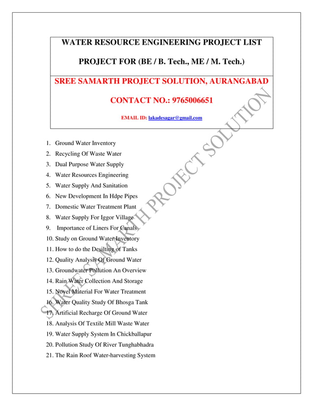 Water resource engineering project list PDF