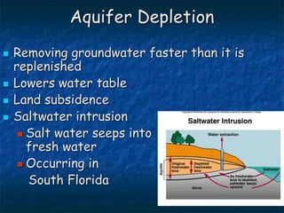 Aquifer Depletion
 Removing groundwater faster than it is
replenished
 Lowers water table
 Land subsidence
 Saltwater intrusion
 Salt water seeps into
fresh water
 Occurring in
South Florida
 