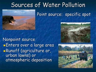 Sources of Water Pollution
Nonpoint source
Enters over a large area
Runoff (agriculture or,
urban lawns) or
atmospheric deposition
Point source: specific spot
 