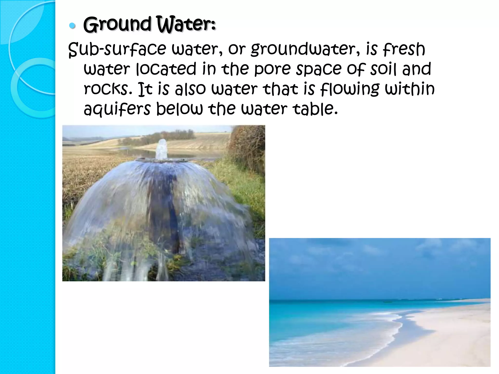    Ground Water:
Sub-surface water, or groundwater, is fresh
 water located in the pore space of soil and
 rocks. It is also water that is flowing within
 aquifers below the water table.
 