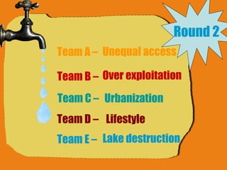 Round 2 Team A –  Team B –  Team C –  Team D –  Team E –  Unequal access Over exploitation Urbanization Lifestyle Lake destruction 