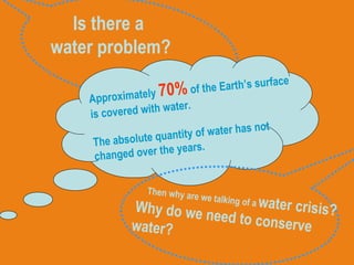 Is there a  water problem? Approximately  70%  of the Earth’s surface is covered with water. The absolute quantity of water has not changed over the years. Then why are we talking of a   water crisis? Why do we need to conserve water? 