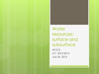 Water
resources:
surface and
subsurface
AE 315
A.Y. 2013-2014
July 04, 2013
 