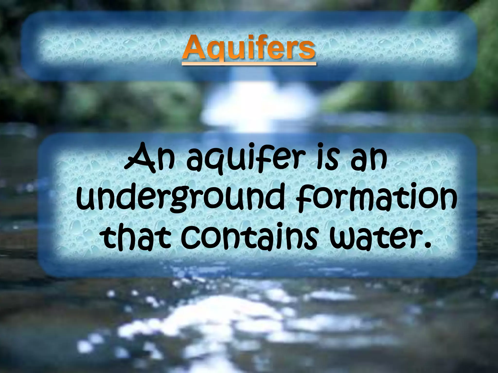 An aquifer is an
underground formation
that contains water.
 