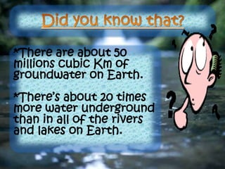 *There are about 50
millions cubic Km of
groundwater on Earth.
*There’s about 20 times
more water underground
than in all of the rivers
and lakes on Earth.
 