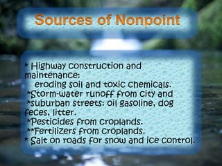 * Highway construction and
maintenance:
eroding soil and toxic chemicals.
*Storm-water runoff from city and
*suburban streets: oil gasoline, dog
feces, litter.
*Pesticides from croplands.
**Fertilizers from croplands.
* Salt on roads for snow and ice control.
 