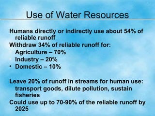Use of Water Resources
Humans directly or indirectly use about 54% of
reliable runoff
Withdraw 34% of reliable runoff for:
• Agriculture – 70%
• Industry – 20%
• Domestic – 10%
Leave 20% of runoff in streams for human use:
transport goods, dilute pollution, sustain
fisheries
Could use up to 70-90% of the reliable runoff by
2025
 