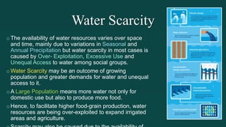 Water Scarcity
oThe availability of water resources varies over space
and time, mainly due to variations in Seasonal and
Annual Precipitation but water scarcity in most cases is
caused by Over- Exploitation, Excessive Use and
Unequal Access to water among social groups.
oWater Scarcity may be an outcome of growing
population and greater demands for water and unequal
access to it.
oA Large Population means more water not only for
domestic use but also to produce more food.
oHence, to facilitate higher food-grain production, water
resources are being over-exploited to expand irrigated
areas and agriculture.
 