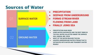 Sources of Water
GROUND WATER
02
● PRECIPITATION-RAIN SNOW
● SOME WATER EVAPORATES AND THE REST SINKS IN
THE SOIL WATER COLLECTED UNDER THE SURFACE
SOIL-SUBSOIL BED ROCK
● MOST OF THE WATER REACHES THE SEA
● AQUIFER-UNDERGROUND WATER STREAM THAT IS
SATURATED WITH WATER AND TRANSMITS WATER
READILY
SURFACE WATER
01
● PRECIPITATION
● SEEPAGE FROM UNDERGROUND
● FORMS STREAM RIVER
FLOWING FROM LAND
● FINALLY JOINS SEA
 
