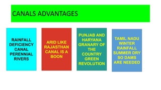 CANALS ADVANTAGES
RAINFALL
DEFICIENCY
CANAL
PERENNIAL
RIVERS
ARID LIKE
RAJASTHAN
CANAL IS A
BOON
PUNJAB AND
HARYANA
GRANARY OF
THE
COUNTRY
GREEN
REVOLUTION
TAMIL NADU
WINTER
RAINFALL
SUMMER DRY
SO DAMS
ARE NEEDED
 