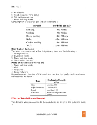 101 | P a g e
SAQIB IMRAN 0341-7549889
10
1
4. Fish ladder
5. Head regulator for a canal
6. Silt exclusion device
7. River training works
Consumption of water as per Indian conditions :-
Distribution System :
The main components of a flow irrigation system are the following :-
1. Storage works
2. Diversion works
3. River training works
4. Distribution system
Parts of distribution works are
1. River training works
2. Weir
3. Regulator
4. Canal network
Depending upon the size of the canal and the function performed canals can
be classified as below :
Effect of Population on Demand
The demand varies according to the population as given in the following table
:-
 