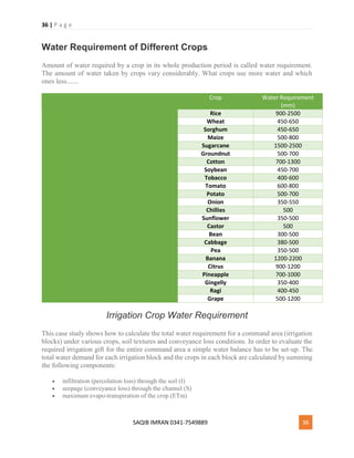 36 | P a g e
SAQIB IMRAN 0341-7549889 36
Water Requirement of Different Crops
Amount of water required by a crop in its whole production period is called water requirement.
The amount of water taken by crops vary considerably. What crops use more water and which
ones less.......
Crop Water Requirement
(mm)
Rice 900-2500
Wheat 450-650
Sorghum 450-650
Maize 500-800
Sugarcane 1500-2500
Groundnut 500-700
Cotton 700-1300
Soybean 450-700
Tobacco 400-600
Tomato 600-800
Potato 500-700
Onion 350-550
Chillies 500
Sunflower 350-500
Castor 500
Bean 300-500
Cabbage 380-500
Pea 350-500
Banana 1200-2200
Citrus 900-1200
Pineapple 700-1000
Gingelly 350-400
Ragi 400-450
Grape 500-1200
Irrigation Crop Water Requirement
This case study shows how to calculate the total water requirement for a command area (irrigation
blocks) under various crops, soil textures and conveyance loss conditions. In order to evaluate the
required irrigation gift for the entire command area a simple water balance has to be set-up. The
total water demand for each irrigation block and the crops in each block are calculated by summing
the following components:
 infiltration (percolation loss) through the soil (I)
 seepage (conveyance loss) through the channel (S)
 maximum evapo-transpiration of the crop (ETm)
 
