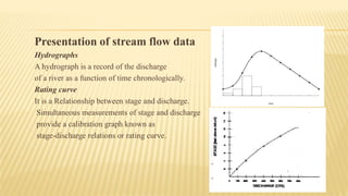 Presentation of stream flow data
Hydrographs
A hydrograph is a record of the discharge
of a river as a function of time chronologically.
Rating curve
It is a Relationship between stage and discharge.
Simultaneous measurements of stage and discharge
provide a calibration graph known as
stage-discharge relations or rating curve.
 