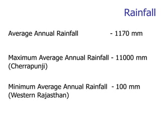 Rainfall
Average Annual Rainfall - 1170 mm
Maximum Average Annual Rainfall - 11000 mm
(Cherrapunji)
Minimum Average Annual Rainfall - 100 mm
(Western Rajasthan)
 