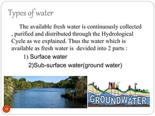 Types of water
The available fresh water is continuously collected
, purified and distributed through the Hydrological
Cycle as we explained. Thus the water which is
available as fresh water is devided into 2 parts :
1) Surface water
2)Sub-surface water(ground water)
12
 