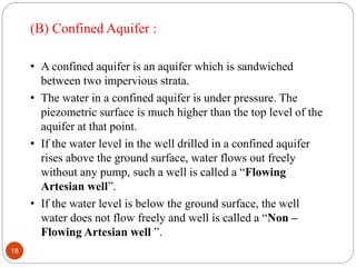 (B) Confined Aquifer :
• A confined aquifer is an aquifer which is sandwiched
between two impervious strata.
• The water in a confined aquifer is under pressure. The
piezometric surface is much higher than the top level of the
aquifer at that point.
• If the water level in the well drilled in a confined aquifer
rises above the ground surface, water flows out freely
without any pump, such a well is called a “Flowing
Artesian well”.
• If the water level is below the ground surface, the well
water does not flow freely and well is called a “Non –
Flowing Artesian well ”.
18
 