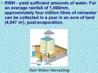 • RWH - yield sufficient amounts of water. For
an average rainfall of 1,000mm,
approximately four million litres of rainwater
can be collected in a year in an acre of land
(4,047 m2
), post-evaporation.
Rain Water Harvesting
 