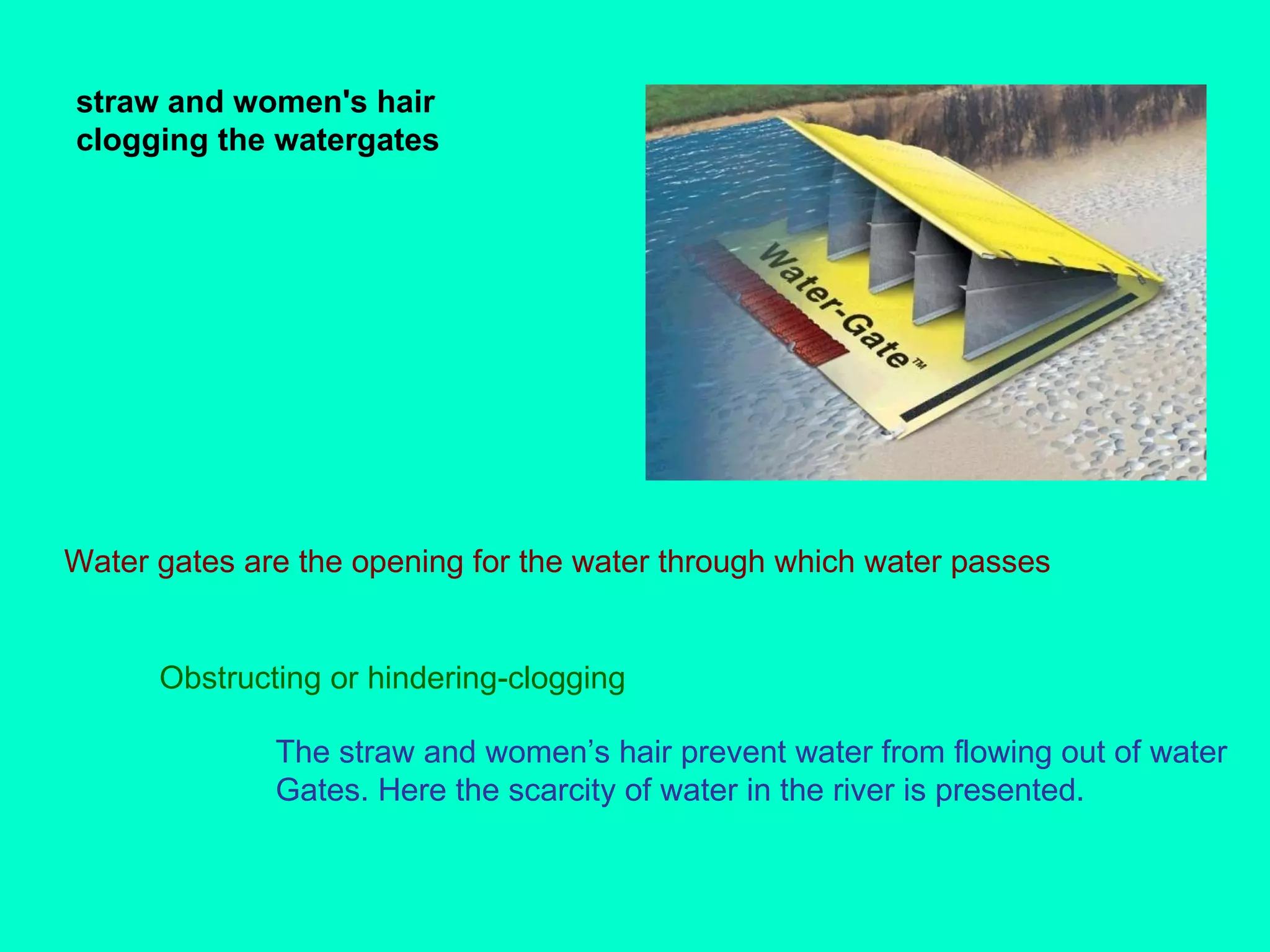 straw and women's hair clogging the watergates Water gates are the opening for the water through which water passes Obstructing or hindering-clogging The straw and women’s hair prevent water from flowing out of water Gates. Here the scarcity of water in the river is presented. 