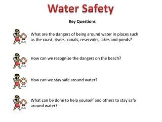 Water Safety Key Questions What are the dangers of being around water in places such as the coast, rivers, canals, reservoirs, lakes and ponds?      How can we recognise the dangers on the beach?    How can we stay safe around water?   What can be done to help yourself and others to stay safe around water?   