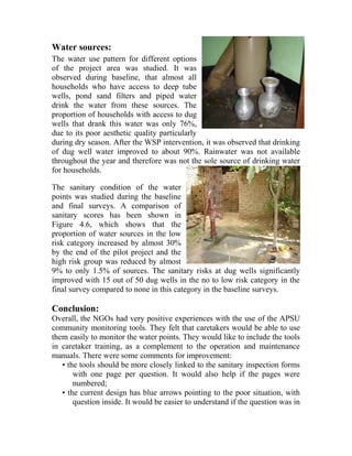 Water sources:
The water use pattern for different options
of the project area was studied. It was
observed during baseline, that almost all
households who have access to deep tube
wells, pond sand filters and piped water
drink the water from these sources. The
proportion of households with access to dug
wells that drank this water was only 76%,
due to its poor aesthetic quality particularly
during dry season. After the WSP intervention, it was observed that drinking
of dug well water improved to about 90%. Rainwater was not available
throughout the year and therefore was not the sole source of drinking water
for households.
The sanitary condition of the water
points was studied during the baseline
and final surveys. A comparison of
sanitary scores has been shown in
Figure 4.6, which shows that the
proportion of water sources in the low
risk category increased by almost 30%
by the end of the pilot project and the
high risk group was reduced by almost
9% to only 1.5% of sources. The sanitary risks at dug wells significantly
improved with 15 out of 50 dug wells in the no to low risk category in the
final survey compared to none in this category in the baseline surveys.
Conclusion:
Overall, the NGOs had very positive experiences with the use of the APSU
community monitoring tools. They felt that caretakers would be able to use
them easily to monitor the water points. They would like to include the tools
in caretaker training, as a complement to the operation and maintenance
manuals. There were some comments for improvement:
• the tools should be more closely linked to the sanitary inspection forms
with one page per question. It would also help if the pages were
numbered;
• the current design has blue arrows pointing to the poor situation, with
question inside. It would be easier to understand if the question was in
 