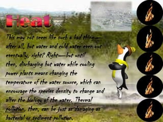 This may not seem like such a bad thing—
after all, hot water and cold water even out
eventually, right? Right—but until
then, discharging hot water while cooling
power plants means changing the
temperature of the water source, which can
encourage the species density to change and
alter the biology of the water. Thermal
pollution, then, can be just as damaging as
bacterial or sediment pollution.
 