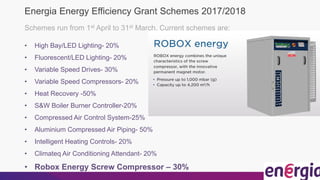 Energia Energy Efficiency Grant Schemes 2017/2018
Schemes run from 1st April to 31st March. Current schemes are:
• High Bay/LED Lighting- 20%
• Fluorescent/LED Lighting- 20%
• Variable Speed Drives- 30%
• Variable Speed Compressors- 20%
• Heat Recovery -50%
• S&W Boiler Burner Controller-20%
• Compressed Air Control System-25%
• Aluminium Compressed Air Piping- 50%
• Intelligent Heating Controls- 20%
• Climateq Air Conditioning Attendant- 20%
• Robox Energy Screw Compressor – 30%
 