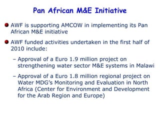 AWF is supporting AMCOW in implementing its Pan African M&E initiative  AWF funded activities undertaken in the first half of 2010 include:  Approval of a Euro 1.9 million project on strengthening water sector M&E systems in Malawi  Approval of a Euro 1.8 million regional project on Water MDG’s Monitoring and Evaluation in North Africa (Center for Environment and Development for the Arab Region and Europe) Pan African M&E Initiative 