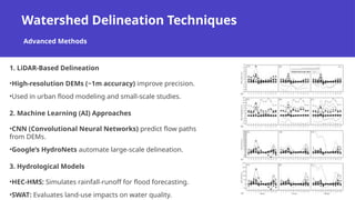 Watershed Delineation Techniques
Advanced Methods
1. LiDAR-Based Delineation
•High-resolution DEMs (~1m accuracy) improve precision.
•Used in urban flood modeling and small-scale studies.
2. Machine Learning (AI) Approaches
•CNN (Convolutional Neural Networks) predict flow paths
from DEMs.
•Google’s HydroNets automate large-scale delineation.
3. Hydrological Models
•HEC-HMS: Simulates rainfall-runoff for flood forecasting.
•SWAT: Evaluates land-use impacts on water quality.
 