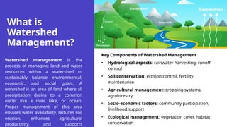 What is
Watershed
Management?
Watershed management is the
process of managing land and water
resources within a watershed to
sustainably balance environmental,
economic, and social goals. A
watershed is an area of land where all
precipitation drains to a common
outlet like a river, lake, or ocean.
Proper management of this area
ensures water availability, reduces soil
erosion, enhances agricultural
productivity, and supports
Key Components of Watershed Management
• Hydrological aspects: rainwater harvesting, runoff
control
• Soil conservation: erosion control, fertility
maintenance
• Agricultural management: cropping systems,
agroforestry
• Socio-economic factors: community participation,
livelihood support
• Ecological management: vegetation cover, habitat
conservation
 