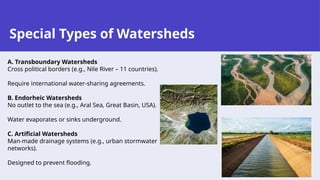 Special Types of Watersheds
A. Transboundary Watersheds
Cross political borders (e.g., Nile River – 11 countries).
Require international water-sharing agreements.
B. Endorheic Watersheds
No outlet to the sea (e.g., Aral Sea, Great Basin, USA).
Water evaporates or sinks underground.
C. Artificial Watersheds
Man-made drainage systems (e.g., urban stormwater
networks).
Designed to prevent flooding.
 