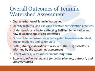 Overall Outcomes of Tenmile
Watershed Assessment
 Characterization of Tenmile Watershed
 Identify high risk land uses and effective conservation practices
 Understand social factors affecting BMP implementation and
how to address specific to watershed
 Outreach to landowners is now targeted based on watershed,
impact modeling and community
 Better, strategic allocation of resources (time, $) and efforts
informed by the watershed assessment
 Expect water quality improvements long-term
 Expand to other watersheds for better planning, outreach, and
implementation
 