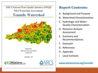 Report Contents:
A. Background and Purpose
B. Watershed Characterization
C. Hydrologic and Water
Quality Characterization
D. Resource Analysis
Assessment
E. Summary and
Recommendations
F. Outreach
G. References
H. Appendix
I. Local Contacts
www.whatcomcd.org/tenmile
 