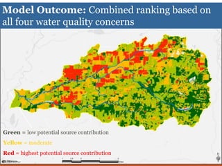 Model Outcome: Combined ranking based on
all four water quality concerns
Green = low potential source contribution
Yellow = moderate
Red = highest potential source contribution
 
