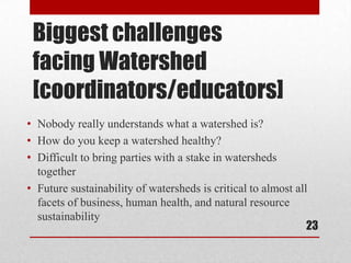Biggest challenges
 facing Watershed
 [coordinators/educators]
• Nobody really understands what a watershed is?
• How do you keep a watershed healthy?
• Difficult to bring parties with a stake in watersheds
  together
• Future sustainability of watersheds is critical to almost all
  facets of business, human health, and natural resource
  sustainability
                                                               23
 