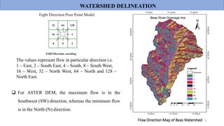 11
The values represent flow in particular direction i.e.
1 – East, 2 – South East, 4 – South, 8 – South West,
16 – West, 32 – North West, 64 – North and 128 –
North East.
 For ASTER DEM, the maximum flow is in the
Southwest (SW) direction, whereas the minimum flow
is in the North (N) direction.
Flow Direction Map of Beas Watershed
WATERSHED DELINEATION
 