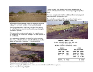 Improvement has been made by simple clay grouting in the stream 
bed alluvium (commonly called as underground bandara) (1). 
The underground bandara restricts the subsurface flow, whereas 
the surface flow of the stream is not affected, thereby retaining the 
soil moisture upstream. 
This conservation measure not only survive the vegetative cover, 
but also improve the ground water recharge in the wells upstream of 
the bandhara(2). 
Such underground bandharas are constructed across Uma-gani 
Nadi giving benefits to the farmers within the 500 m buffer on either 
side of the stream and a distance of 1-1.5 km upstream.(3) 
Sudden run-off in areas with less slope creates lateral erosion by 
streams with entrenched meanders encroaching on to good agriculture 
lands. 
Text-book examples is to straighten and deepen the stream and protect 
the stream banks with vegetative cover. 
In practice, the vegetation perishes due to extreme heat in summer 
months and in course of time the treatment measure fails. 
IMPACT ANALYSIS 
VILLAGE : Shedegaon, Farmer’s name : Abdul Shakil, 
Survey no. -17, Area -2.5 ha 
ACTIVITY : Provision of motor pump (Rs 15,000/-) 
BEFORE AFTER 
IMPLEMENTATION IMPLEMENTATION 
Cotton ...5 q 11,000 /- Paddy .. 40 q 25,000 /- 
Jowar .. 10 q 5,000 /- S.bean.. 5q 5,000 /- 
Tur…… 2 q 3,000 /- Wheat .. 10 q 7,000 /- 
Chilli… 4 q 11,000 /- 
------------------------------------------------------------------------------------ 
INCOME … Rs 19,000 /- Rs 47,000 /- 
---------------------------------------------------------------------------------- 
Activities : Construction of BANDHARA (Rs 1,25,000/-) 
Provision of motor pump (Rs 15,000/-) for farmers on either side of river within 500 meter buffer of the river (upstream) 
Provision of large diameter dug wells (25000/-) 
2 
1 
3 
 