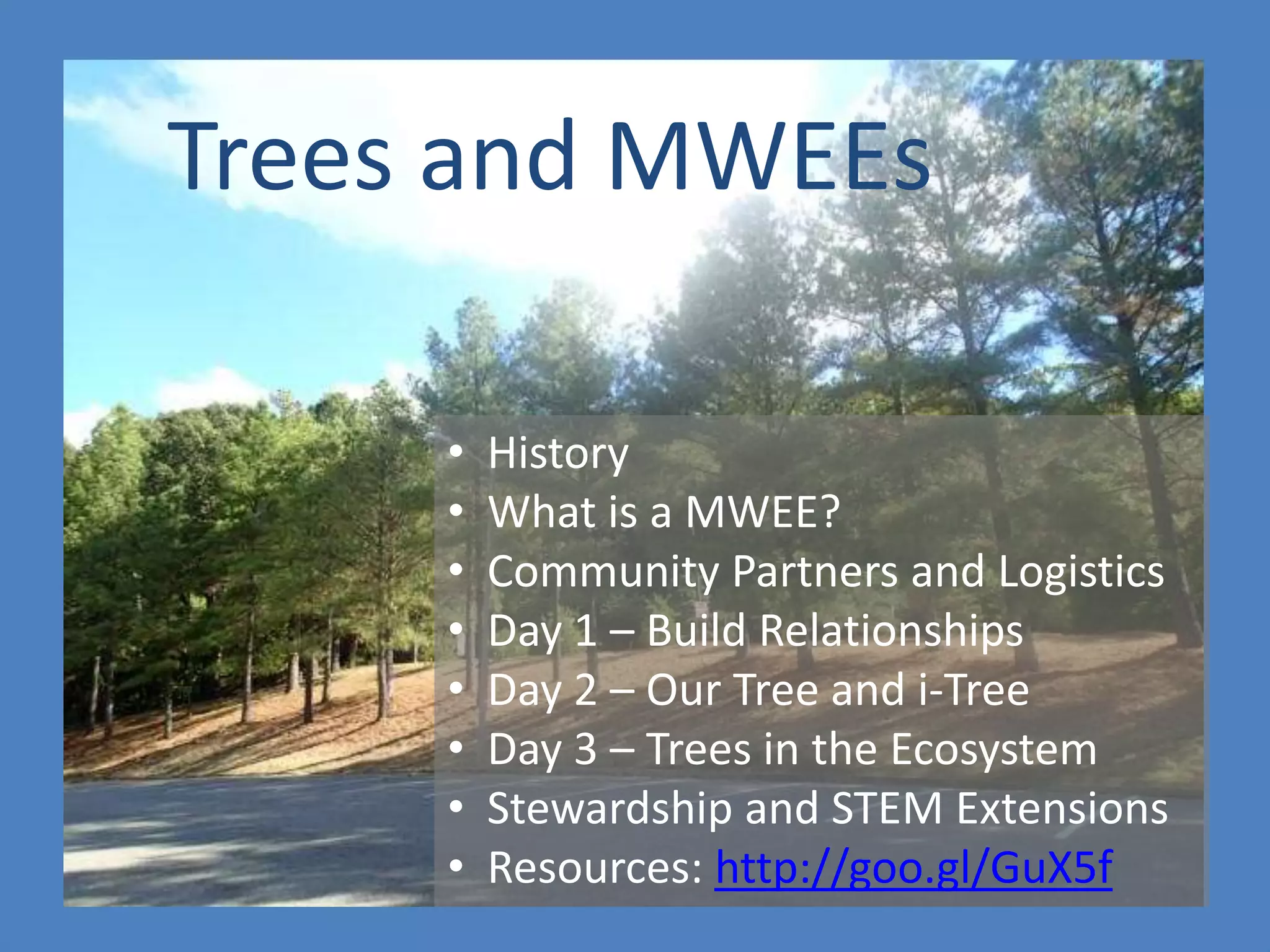 • History
• What is a MWEE?
• Community Partners and Logistics
• Day 1 – Build Relationships
• Day 2 – Our Tree and i-Tree
• Day 3 – Trees in the Ecosystem
• Stewardship and STEM Extensions
• Resources: http://goo.gl/GuX5f
Trees and MWEEs
 