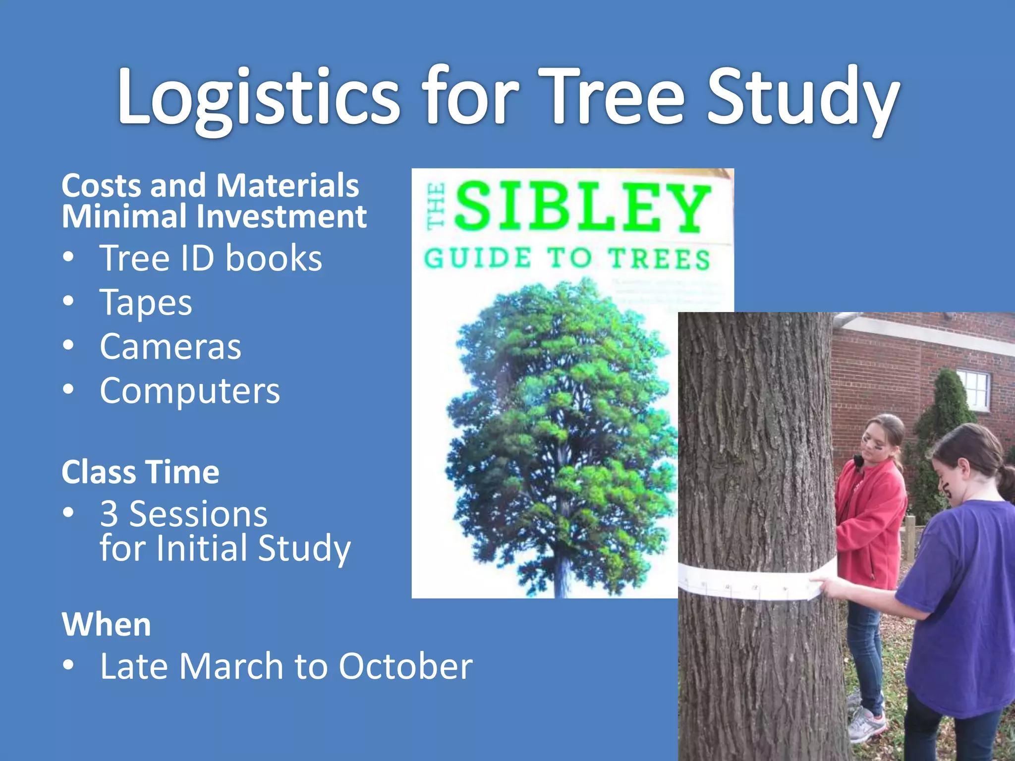 Costs and Materials
Minimal Investment
• Tree ID books
• Tapes
• Cameras
• Computers
Class Time
• 3 Sessions
for Initial Study
When
• Late March to October
 