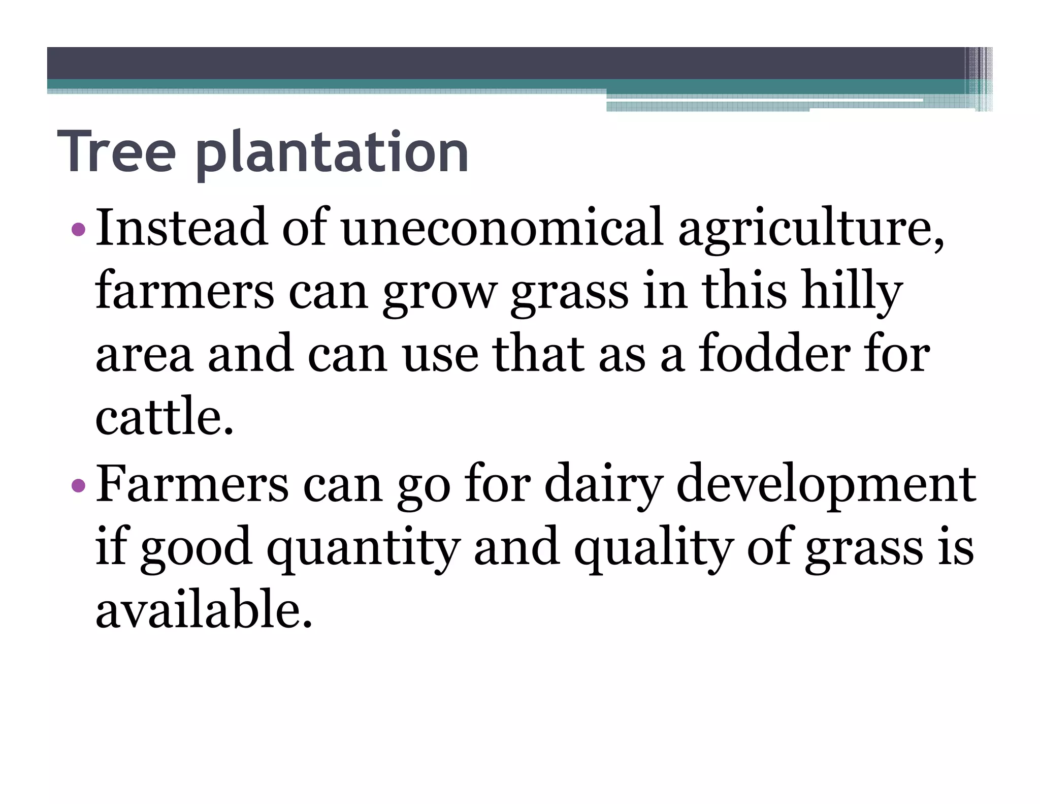 Tree plantation
• Instead of uneconomical agriculture,
                             g          ,
  farmers can grow grass in this hilly
  area and can use that as a fodder for
  cattle.
• Farmers can go for dairy development
  if good quantity and quality of grass is
  available.
 